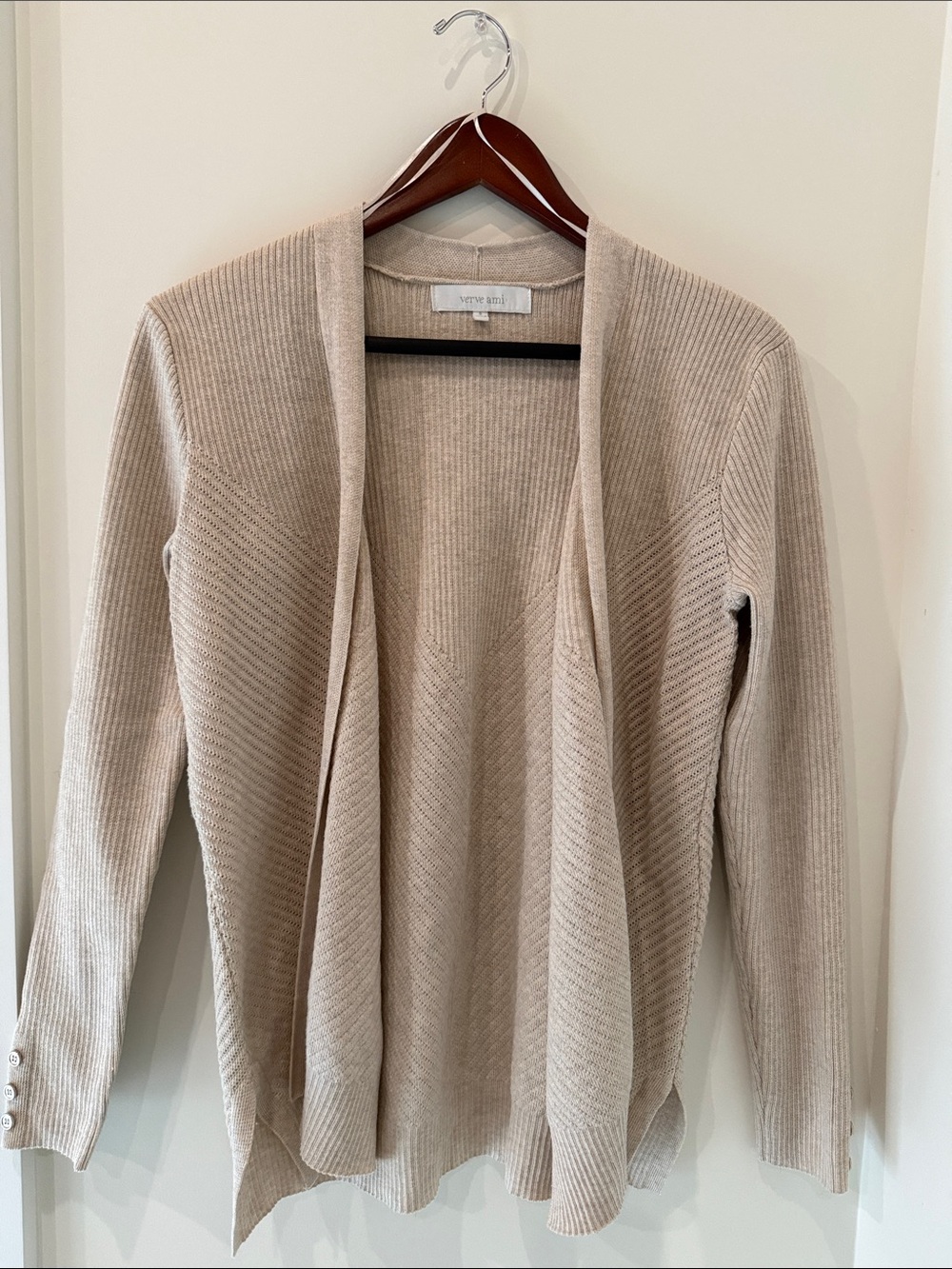 Beige Open-Front Ribbed Cardigan